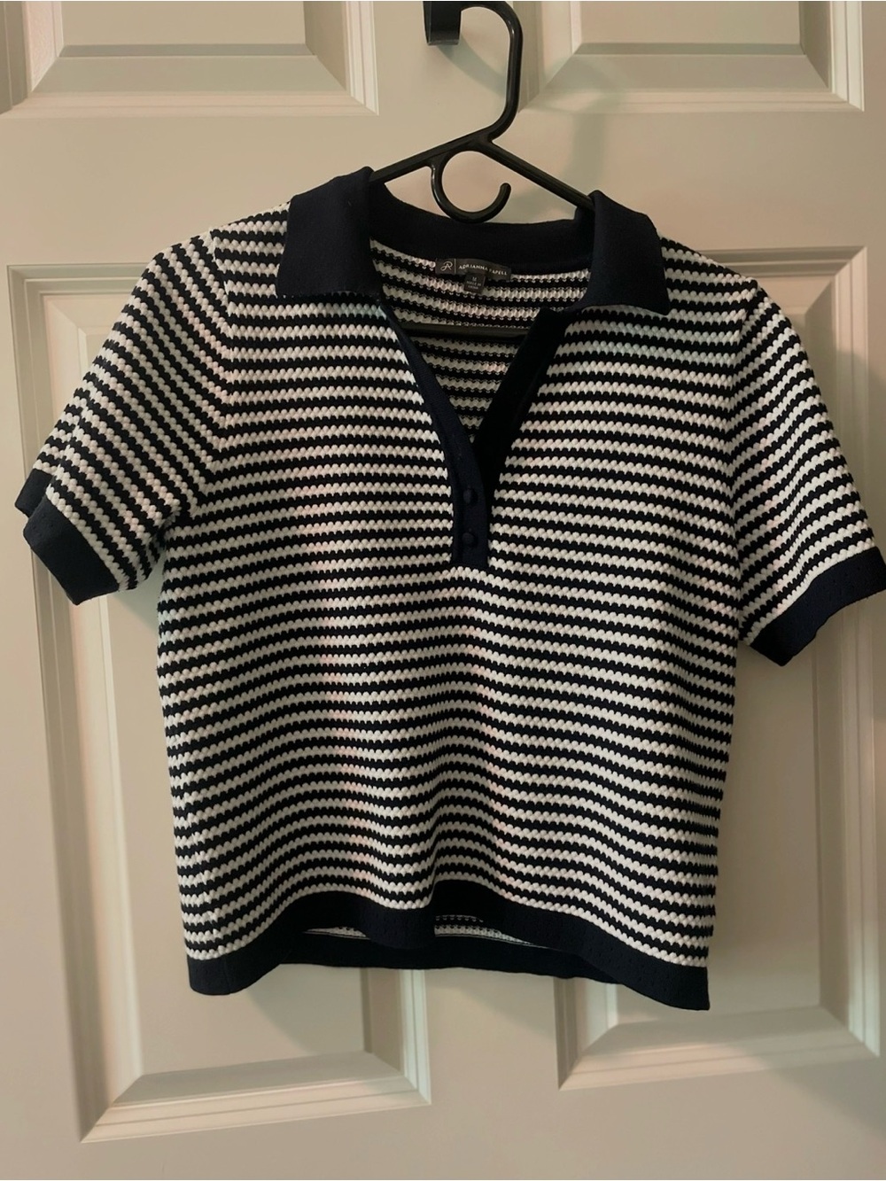 Adrianna Papell Navy and White Striped Knit Polo
